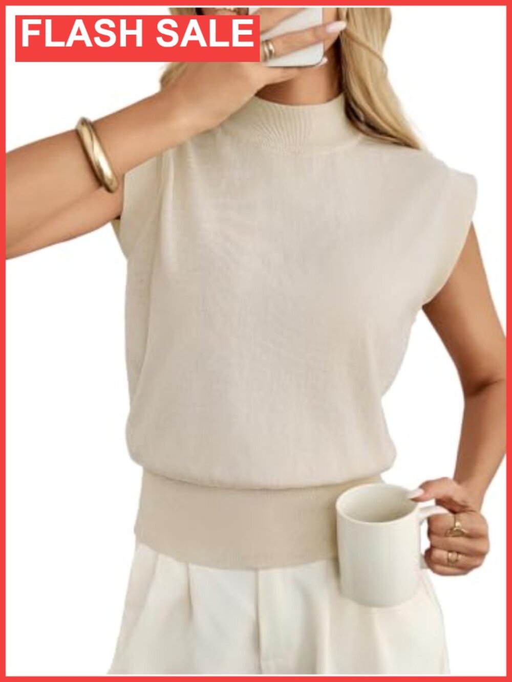 Womens Mock Neck Sweater Vest Cinched Waist Cap Sleeve Knit Top